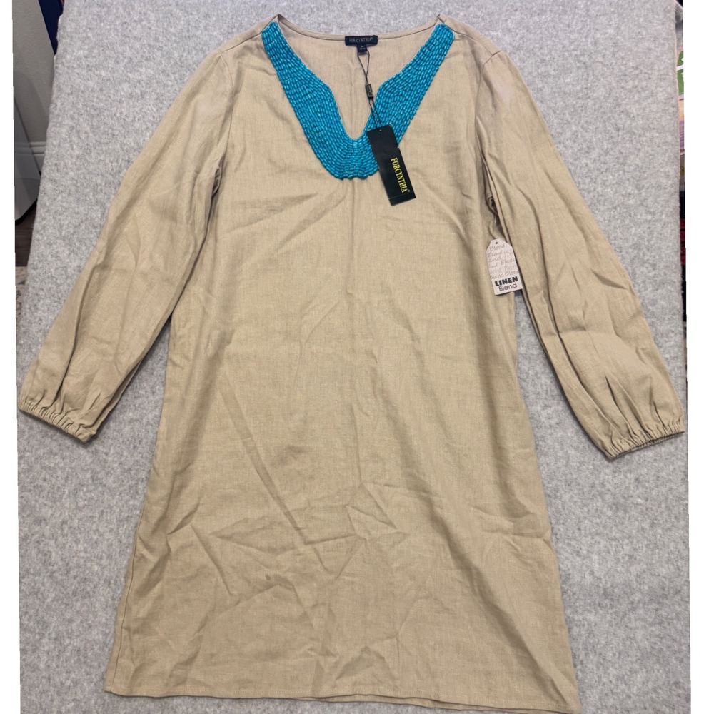 For Cynthia Linen Blend Beaded V-Neck Dress Tan Turquoise NEW‎ Medium Boho